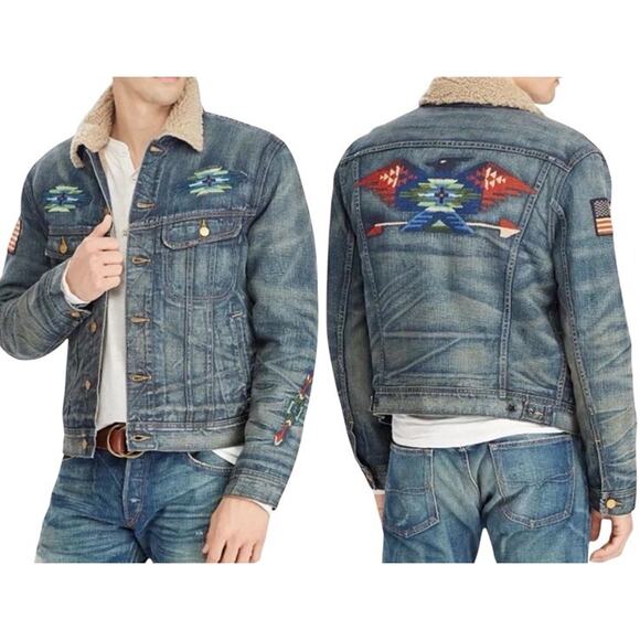 Polo Ralph Lauren Aztec Western Thunderbird Denim Trucker Jacket L Rare Sherpa - Picture 1 of 16